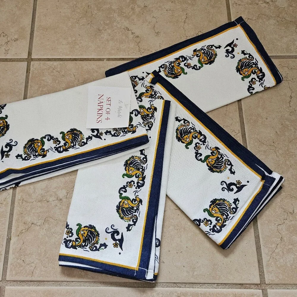 RARE SET 4 NEW LE MARCHI NEW YEAR CHINESE DRAGON BLUE COTTON DINNER NAPKINS